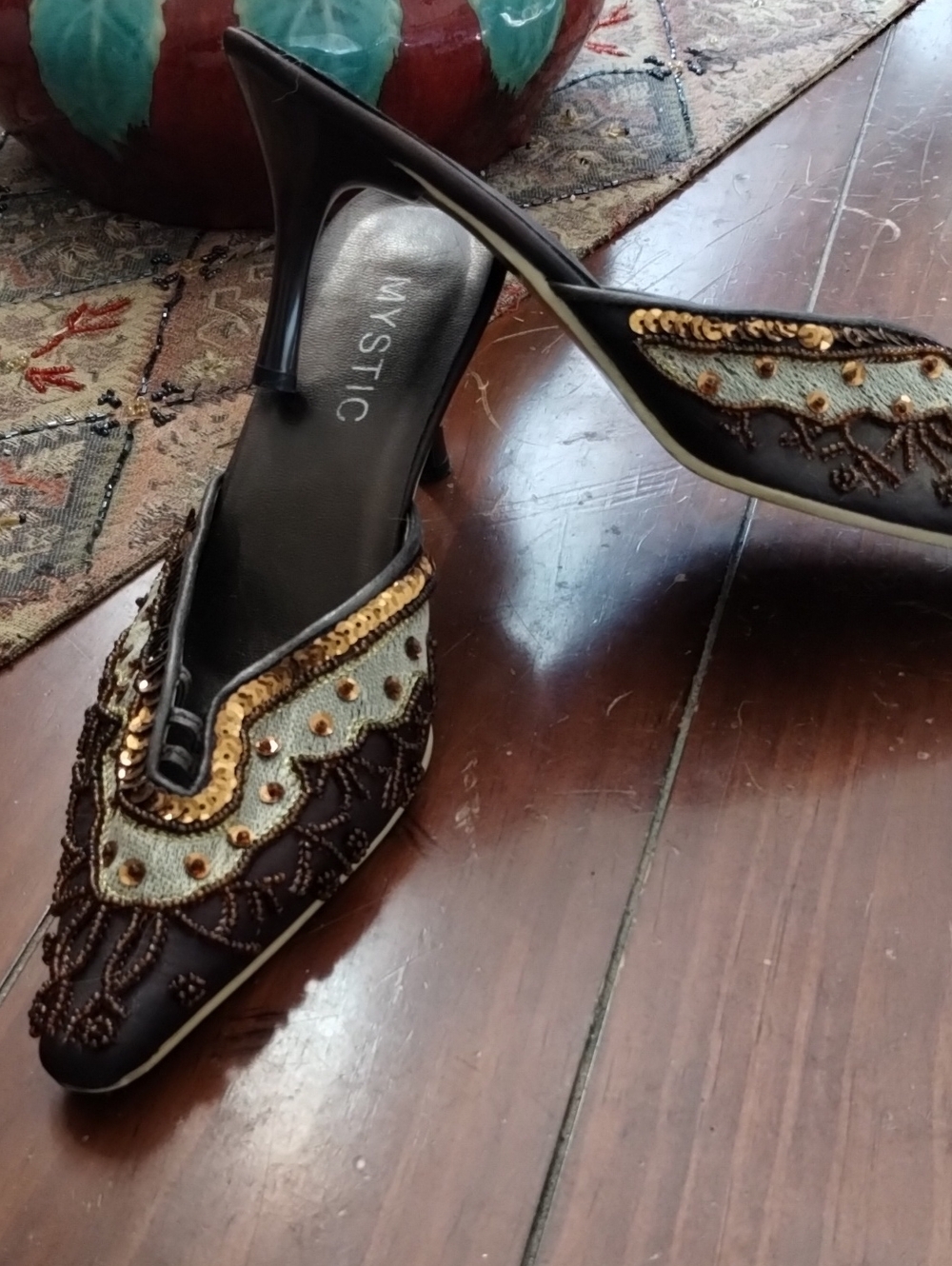 Mystic Brown and Tan Embellished Beaded Heeled Mules